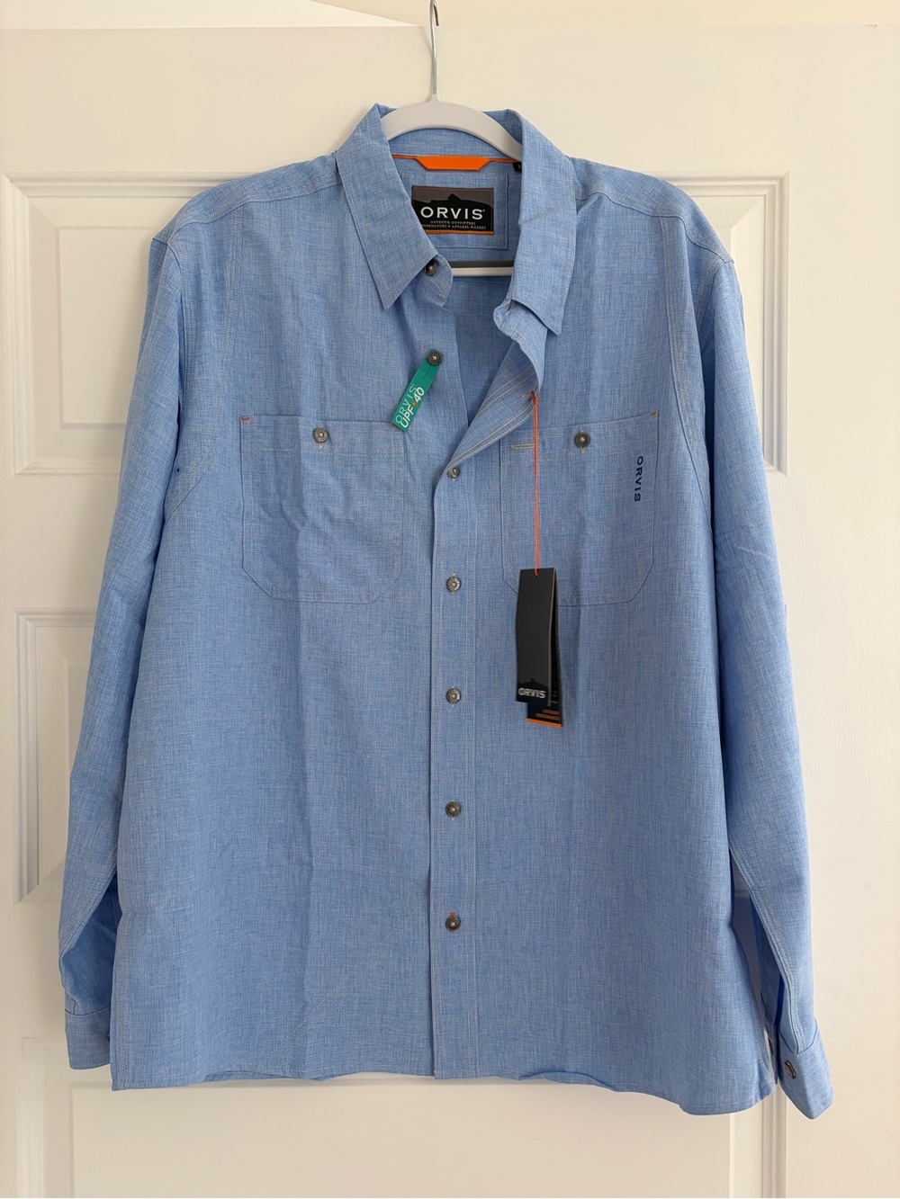 Orvis Light Blue Casual Button-Down Shirt with Orange Accents